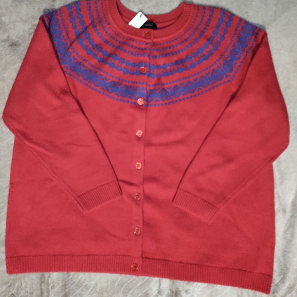 🆕Talbots | Lambswool Fair Isle Holiday Nordic Cardigan Sweater in Red Size 2XP - Picture 2 of 10